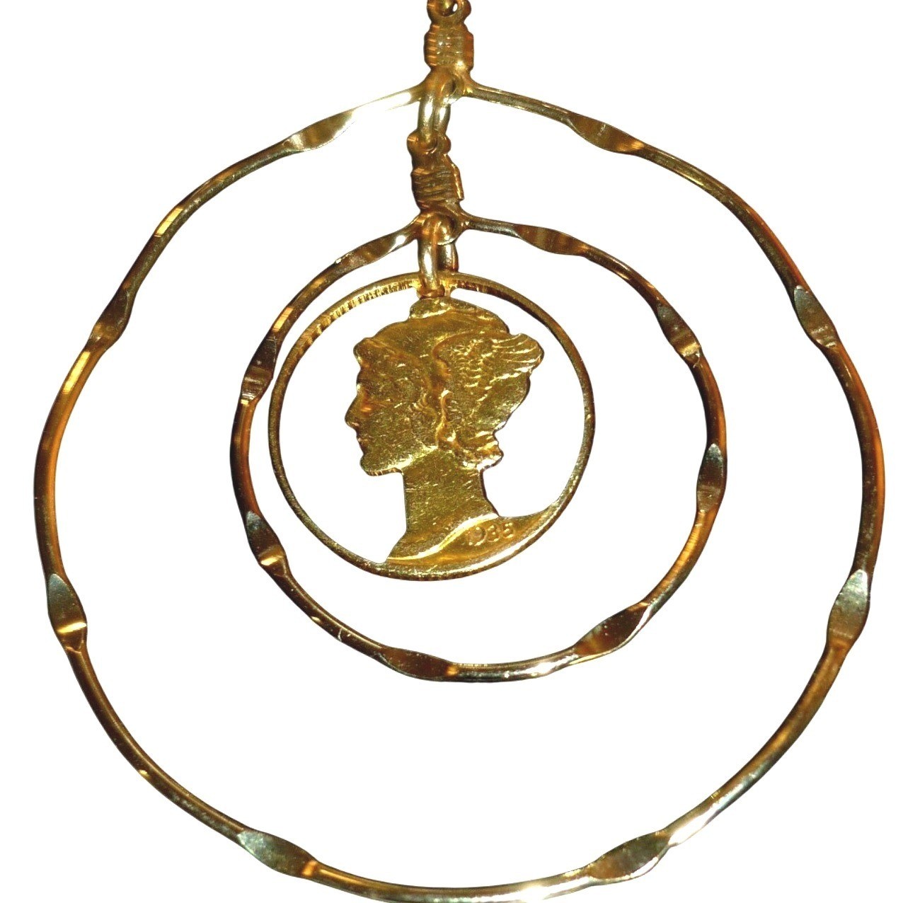 Vintage 1935 Mercury Dime Cut Out Coin Double Hoop Gold Tone Pendant Necklace