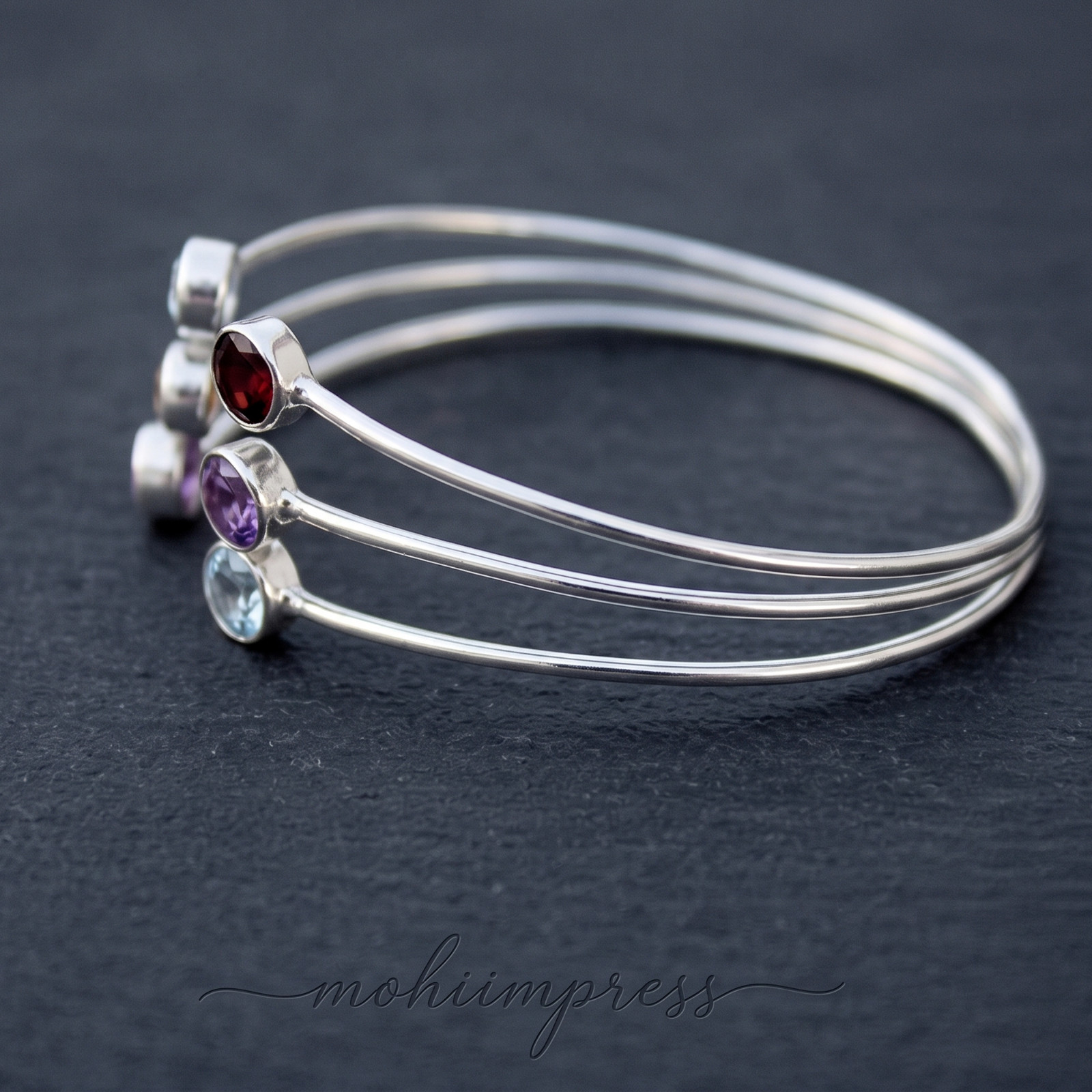 925 Sterling Silver Triple Raw Natural Gemstone Cuff Bracelet, Multi Stone Jewel