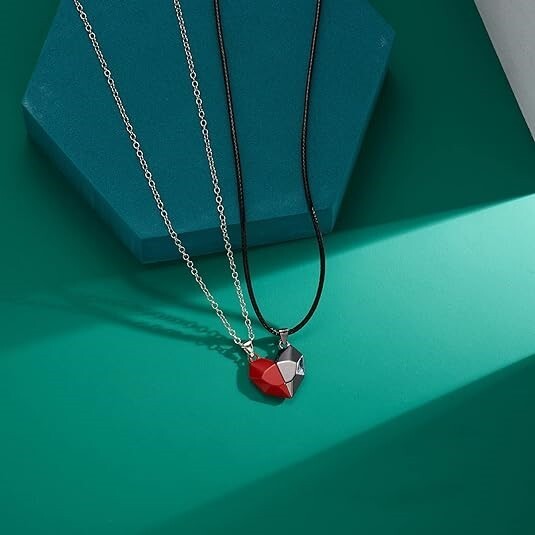 Heart Magnet Necklace Set for Couple – Black w/ Red, Great Gift, Anniversary