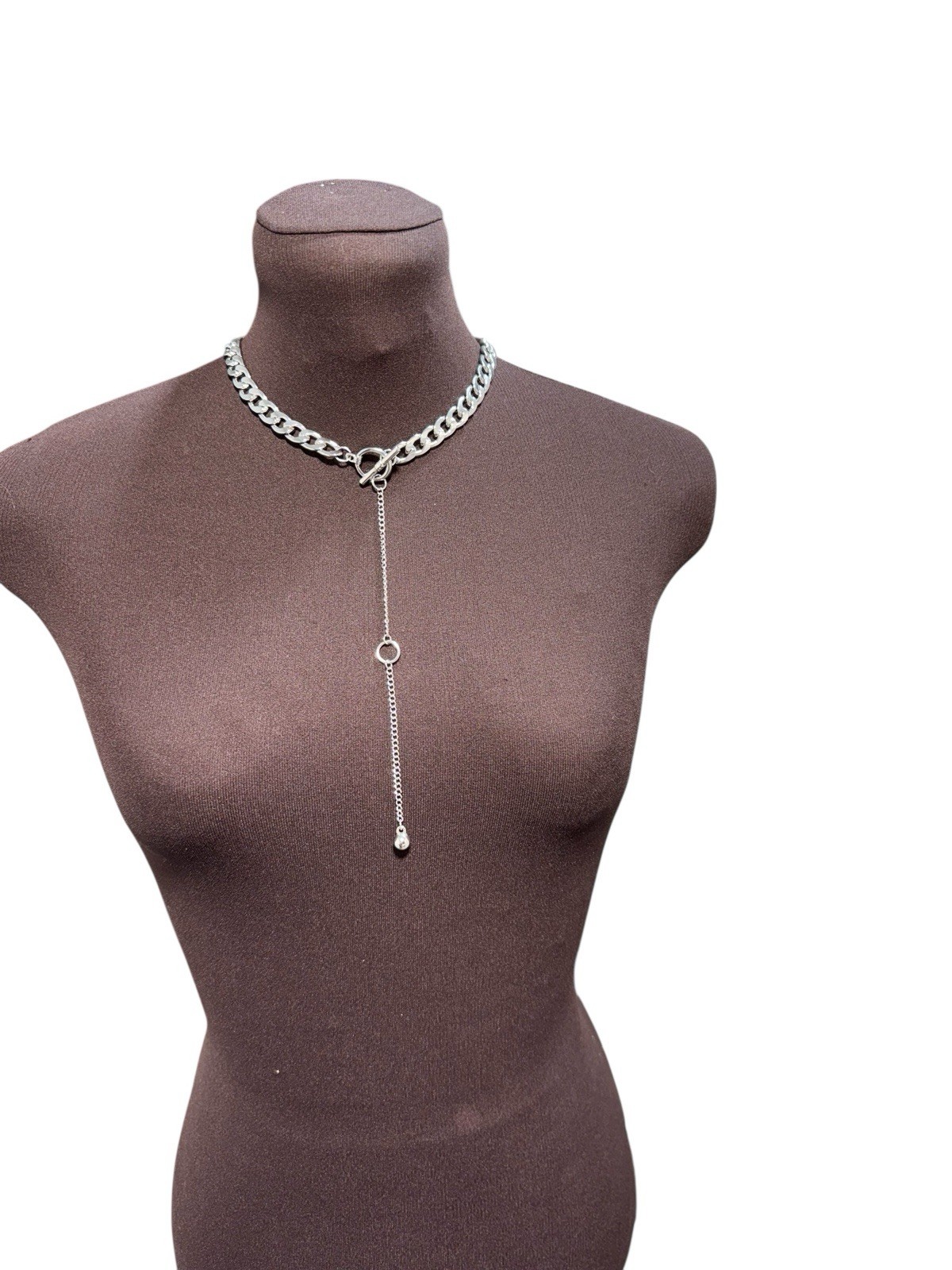 Silver Tone Link Choker Necklace – Y Drop Lariat Chain with Toggle Clasp