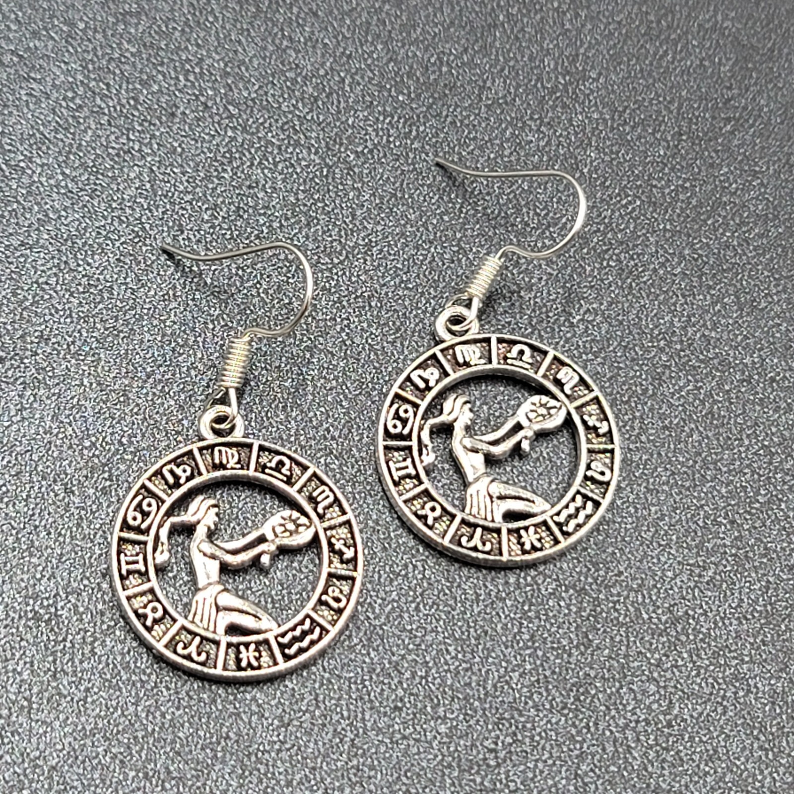 Zodiac Pierced Earrings Silver tone Dangle 7/8″