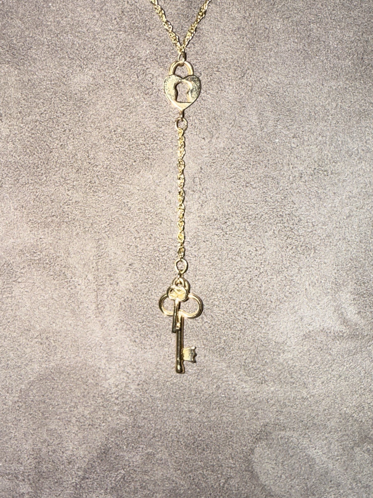A & A Gold Tone Lock & Key Dangle Charm Lariat Y-Drop Necklace Signed 14k 3.0g
