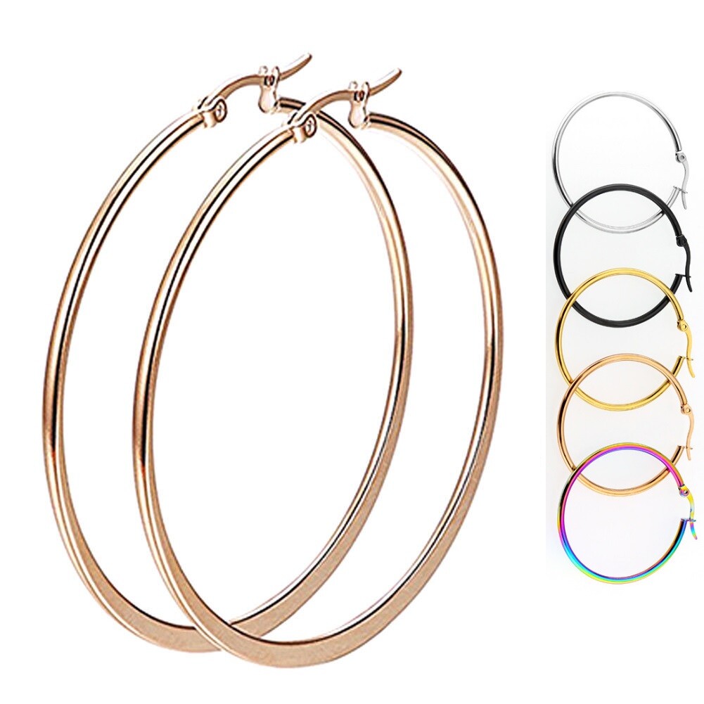 Gold Rose Gold Black Silver Stainless Steel Simple Round Hoop Earrings 10mm-70mm