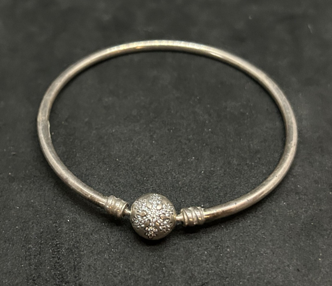 925 Sterling Pandora Snowflake Clasp Bangle Bracelet 7.8in – 8.75g