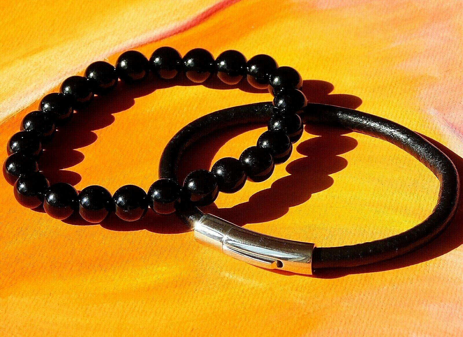 Mens / Ladies 8mm Gemstone Beaded Bracelet Set – Natural Black Agate & Leather.