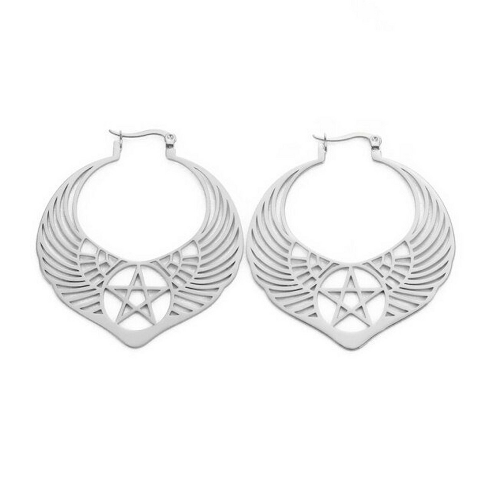Phoenix Pentacle Earrings Womens Stainless Steel Large Drop Wings Star Dangles