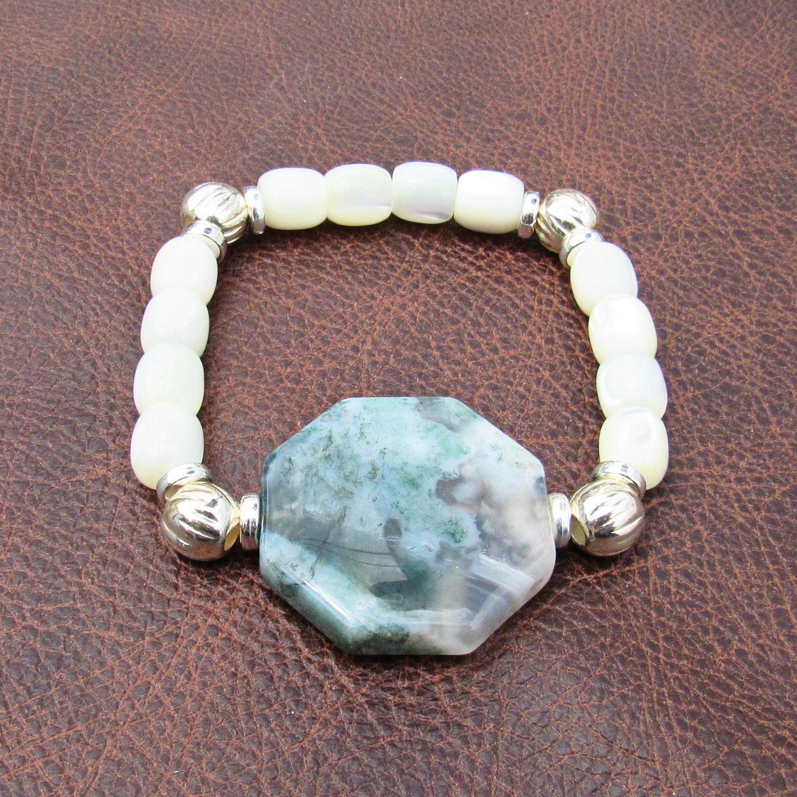 Green Moss Agate, Mother of Pearl Shell Stretchy Bracelet, 6 Inches