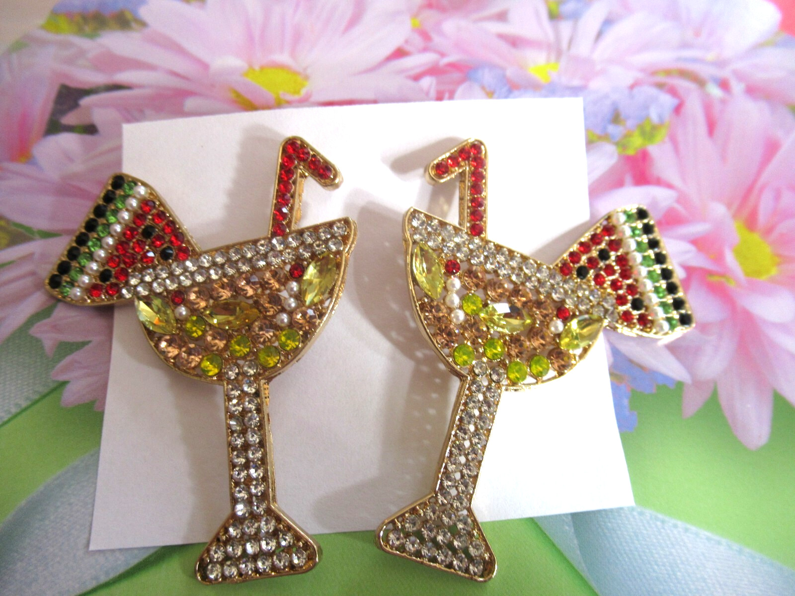 BIG 2.50″ DRY MARTINI COCKTAIL FRUIT COCKTAIL AB RHINESTONE DANGLE EARRINGS