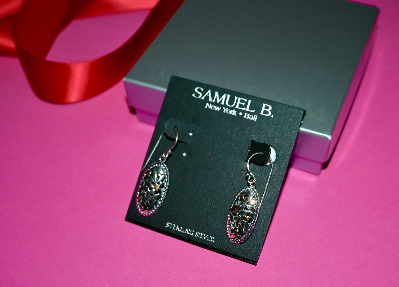 New $200 SAMUEL B Dangler Leaf Earrings STERLING Silver 18K Gold