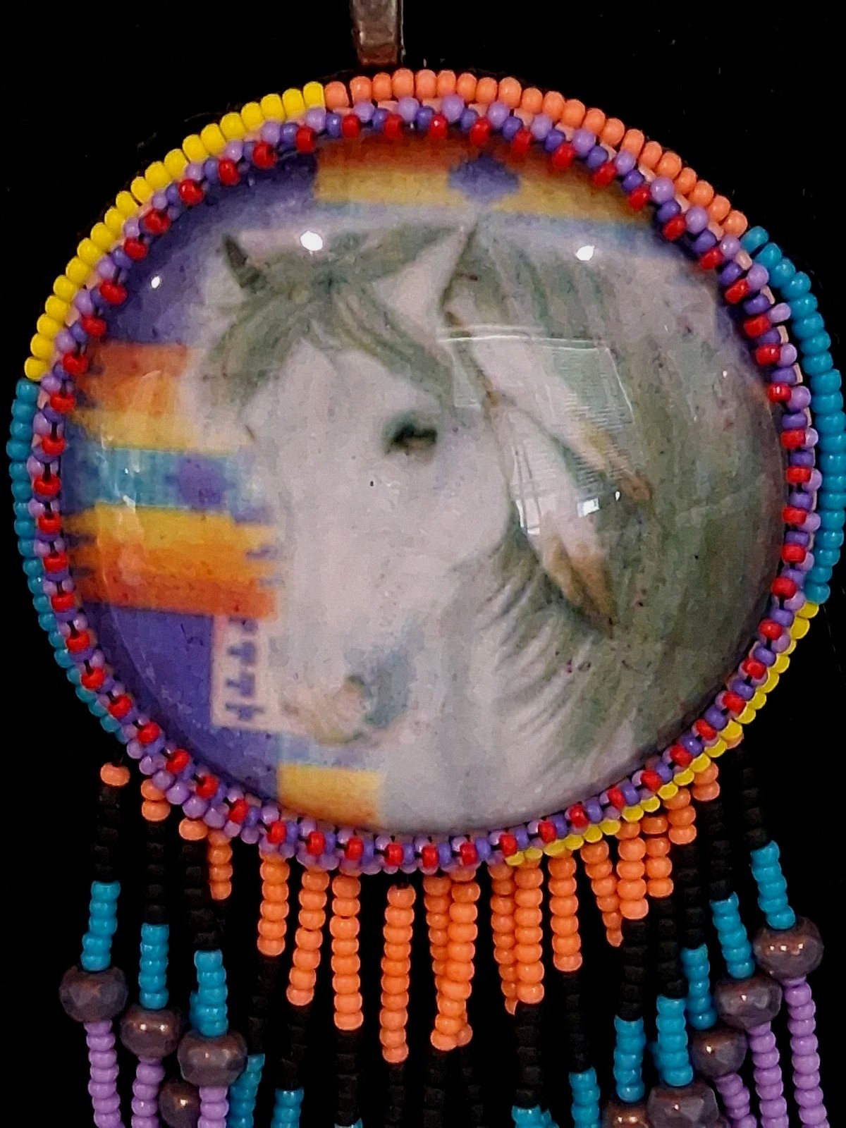 Beaded Medallion 16″Necklace With Horse Design: Multicolored Beadwork&2.5″Fringe