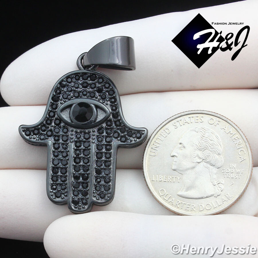 18″-36″MEN Stainless Steel 3mm Black Plated Box Chain CZ Hamsa Hand Pendant*B140
