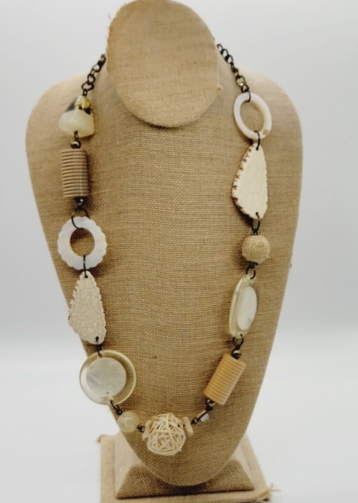 Chunky Necklace Wood Acrylic Metal Marbled Ivory Colors Asymmetrical 32 in