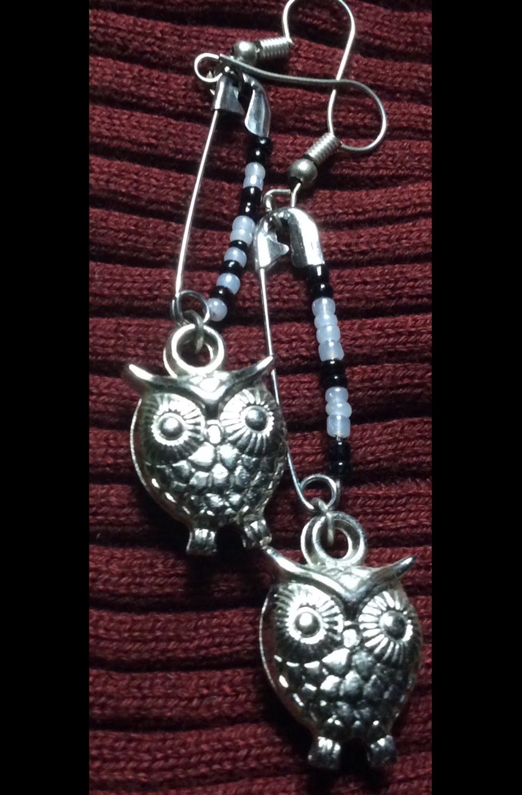 Black and white beaded safety pin silver tone owl dangle drop earrings