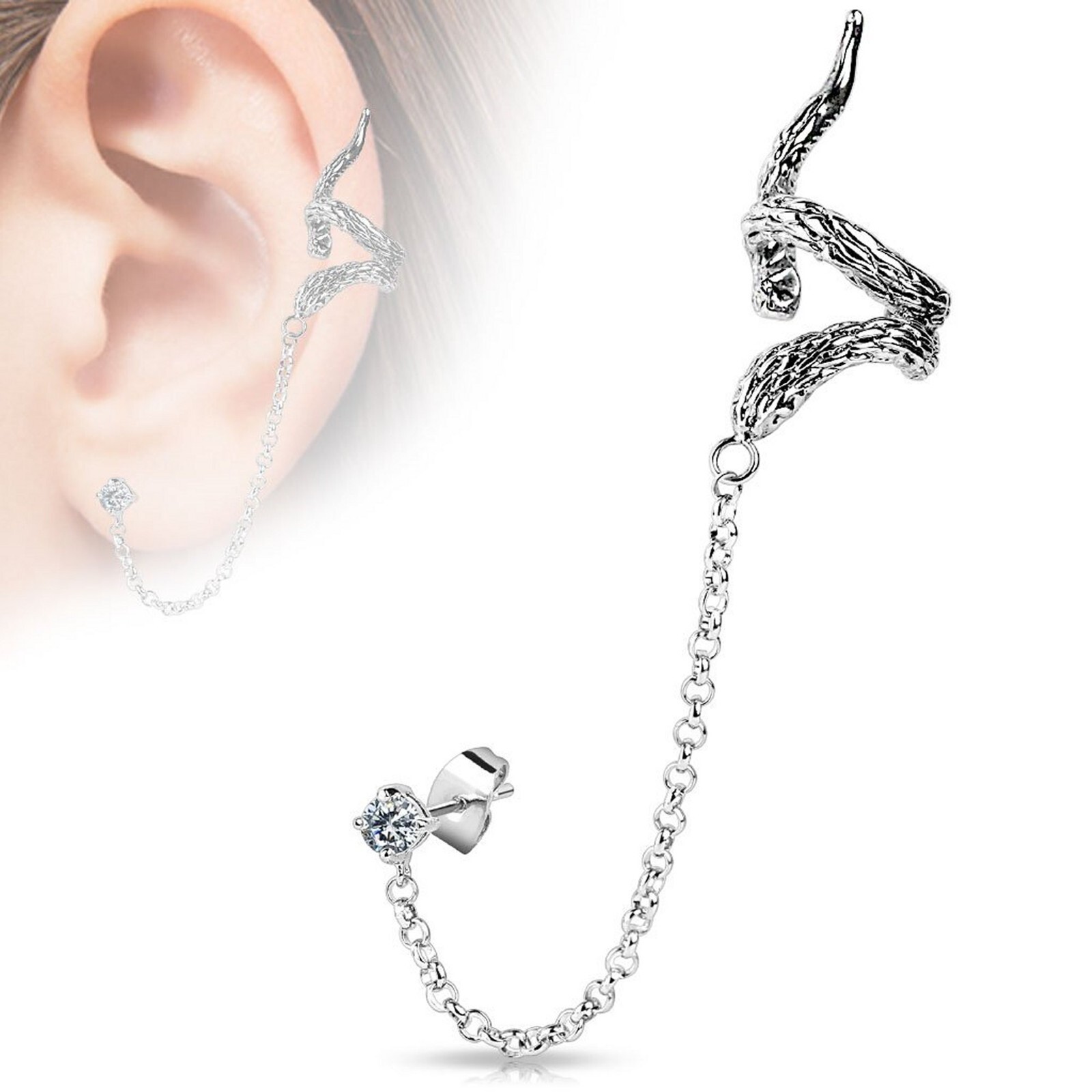 Snake Ear Cuff Chain to Lobe Post Stud Stainless Steel Cosplay Larp Earring