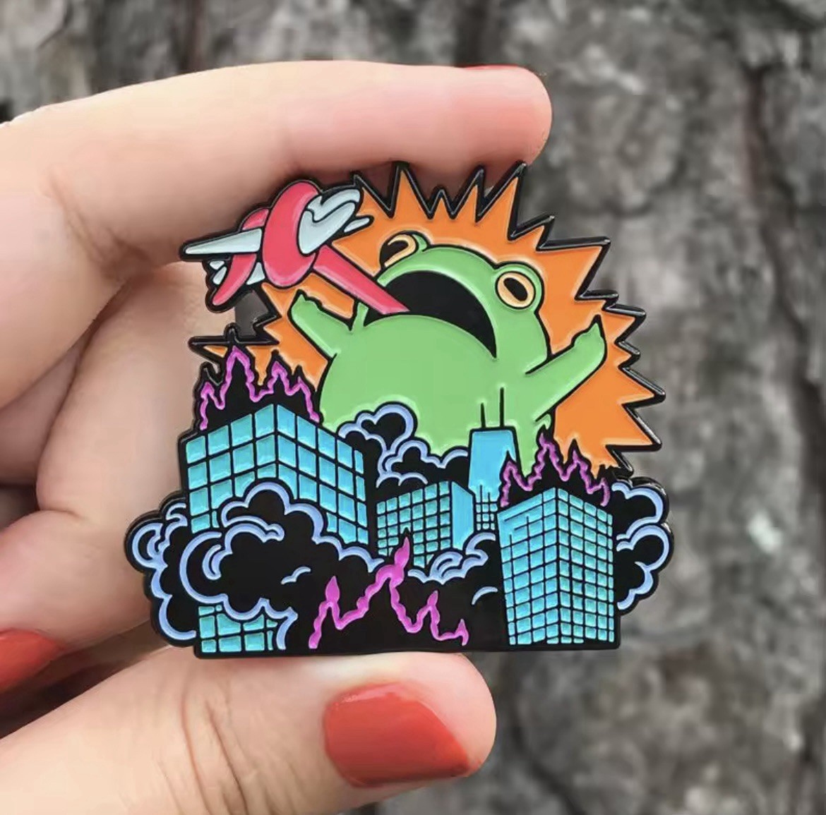 Frog Zilla Style Pin 1pc Pin With Rubber Backer Frog Zilla City Terror Fun Frog