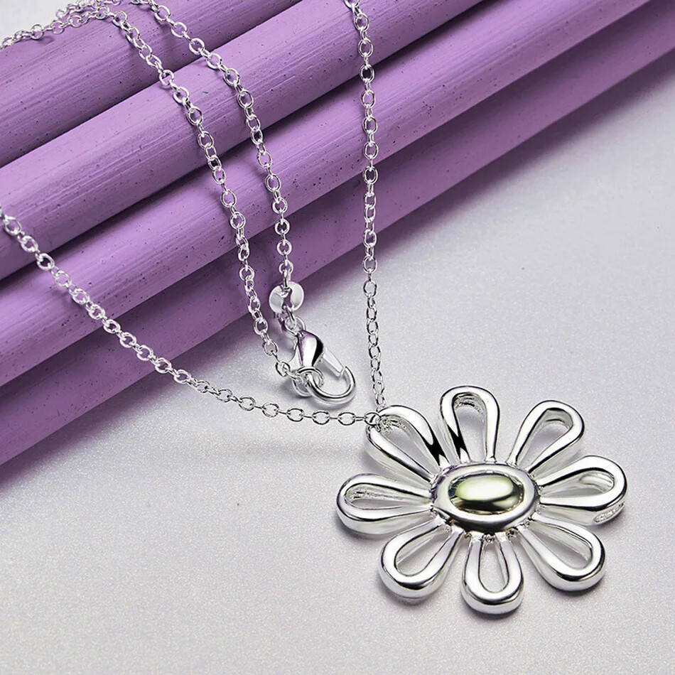 CHSHINE 925 Sterling Silver Flower Pendant Necklace Bracelet Bangle Jewelry Set