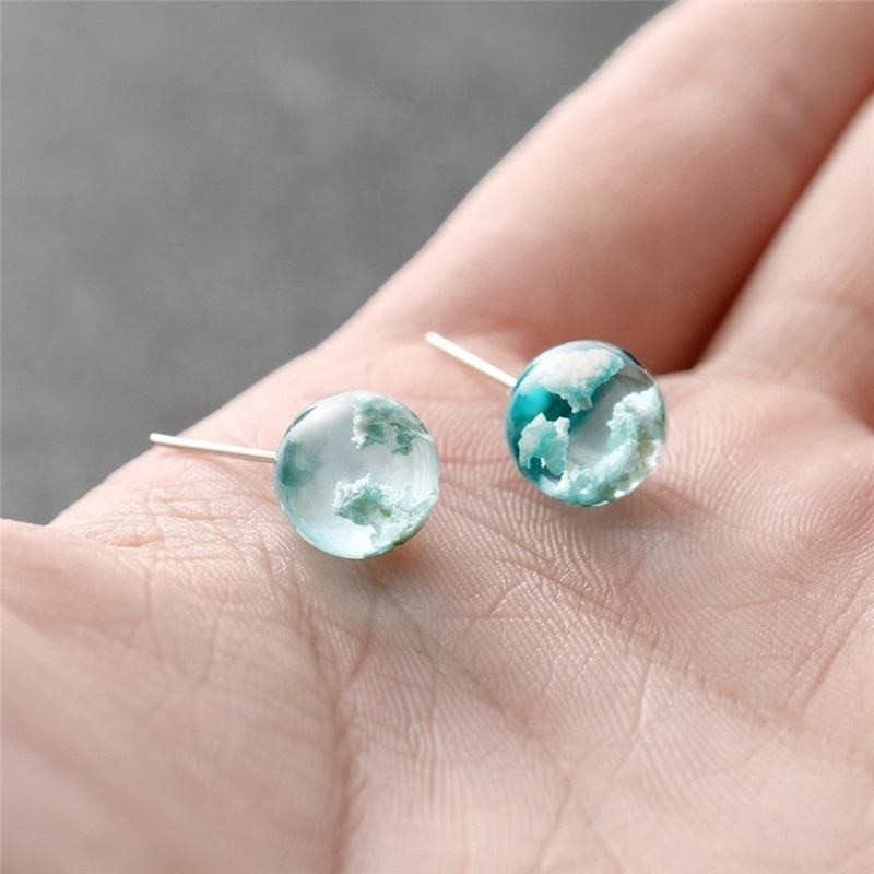 Blue Sky Cloud Glass Orb Stud Earrings Resin Marble Ball Jewelry Gift Women