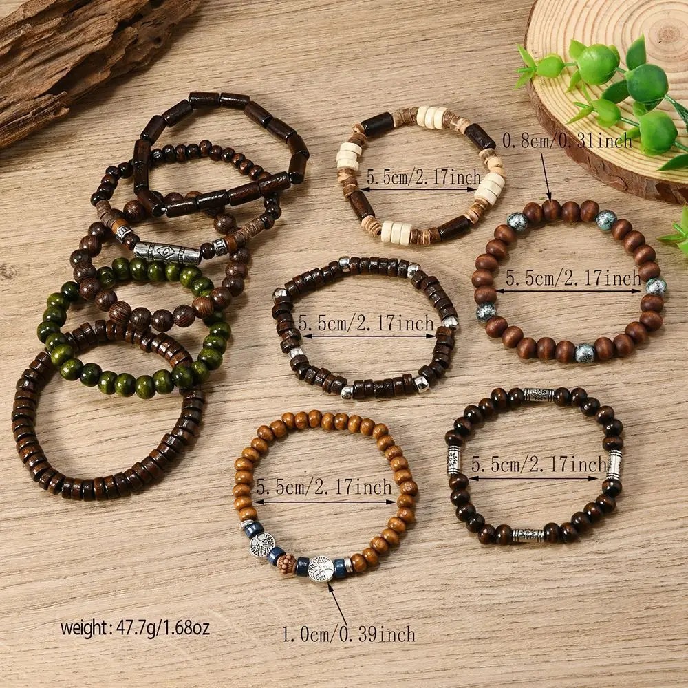 10pcs Bohemia Ethnic Beaded Bracelets For Men Vintage Multi Layer Wooden