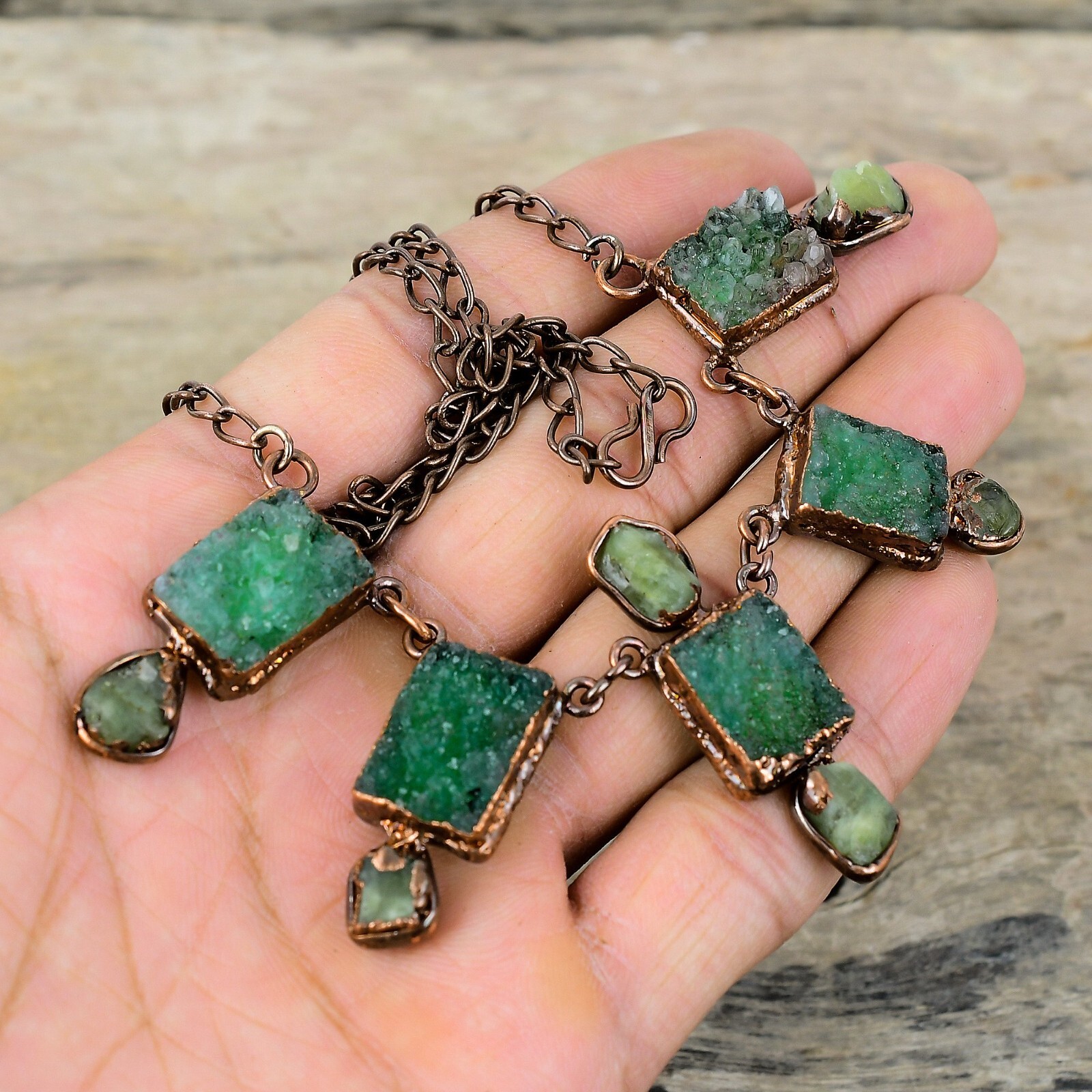 Green Druzy Electroformed Adjustable Necklace Handcrafted Copper Gift 18.0″