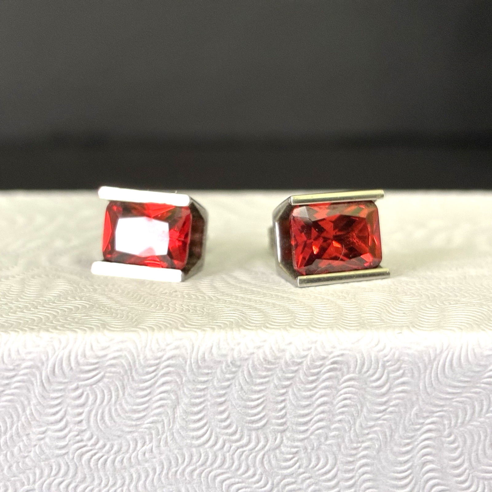 Chisel Stainless Steel Polished Stud Post Earrings w/ Orange Stones ~ Signed