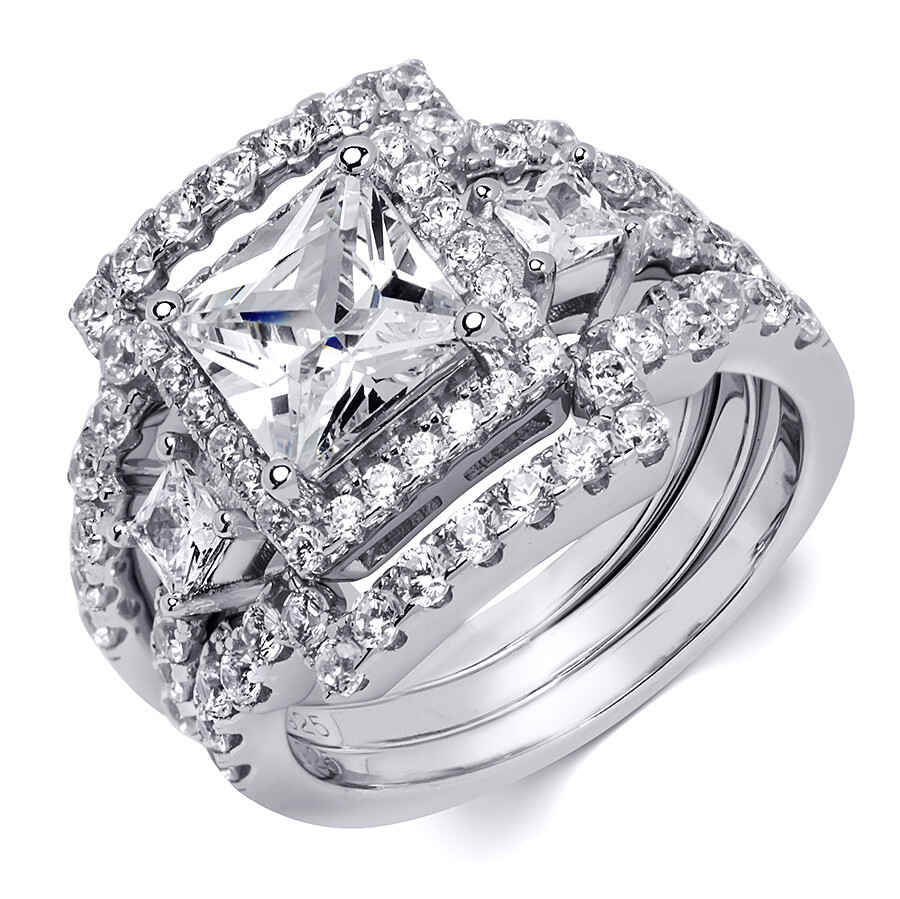 4 Carat Princess Cut 3 pcs Wedding Band Engagement RING Set Sterling Silver
