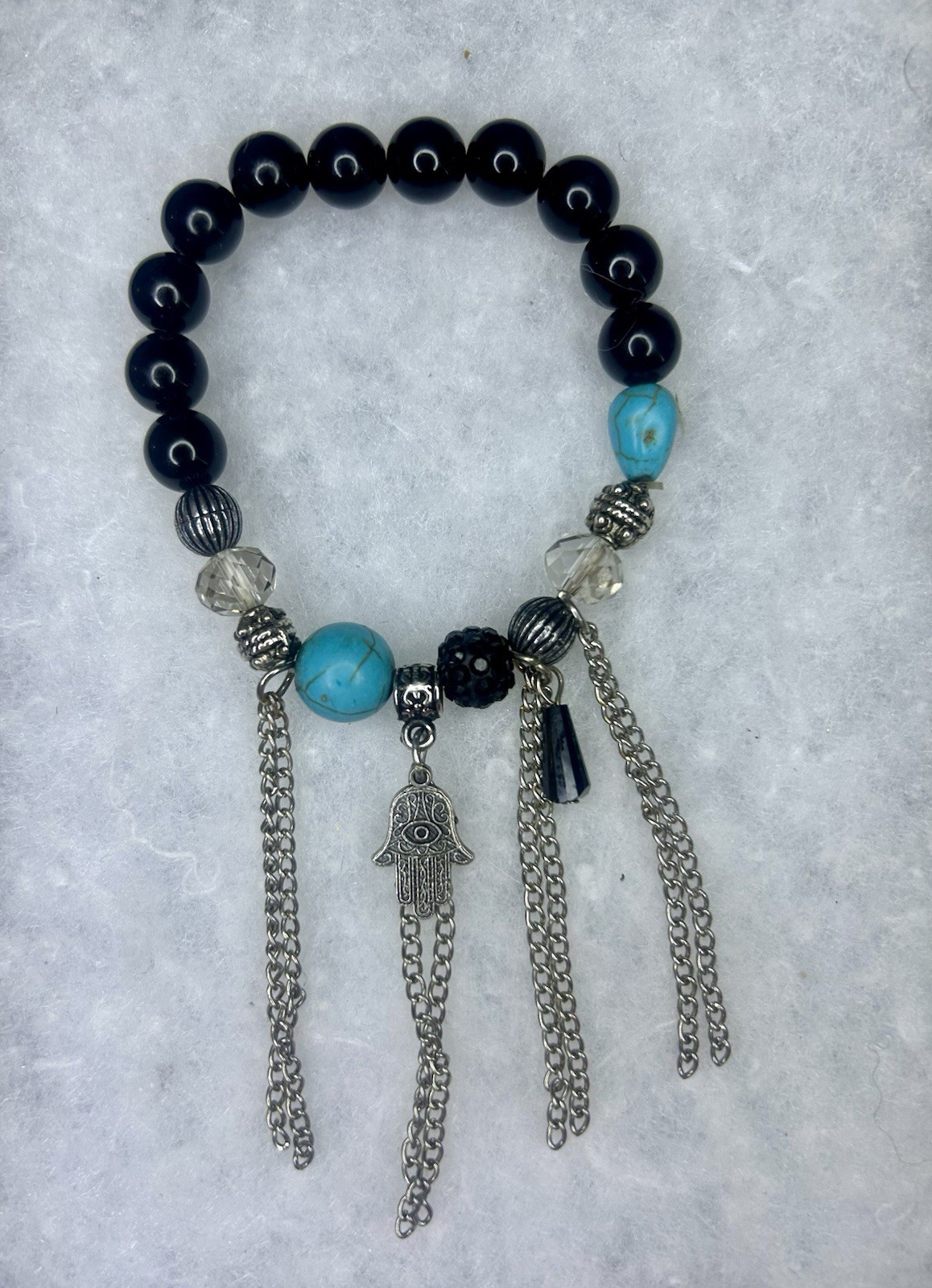 Beaded Turquoise Charm Bracelet Black Blue Silver Hamsa Evil Eye Dangle