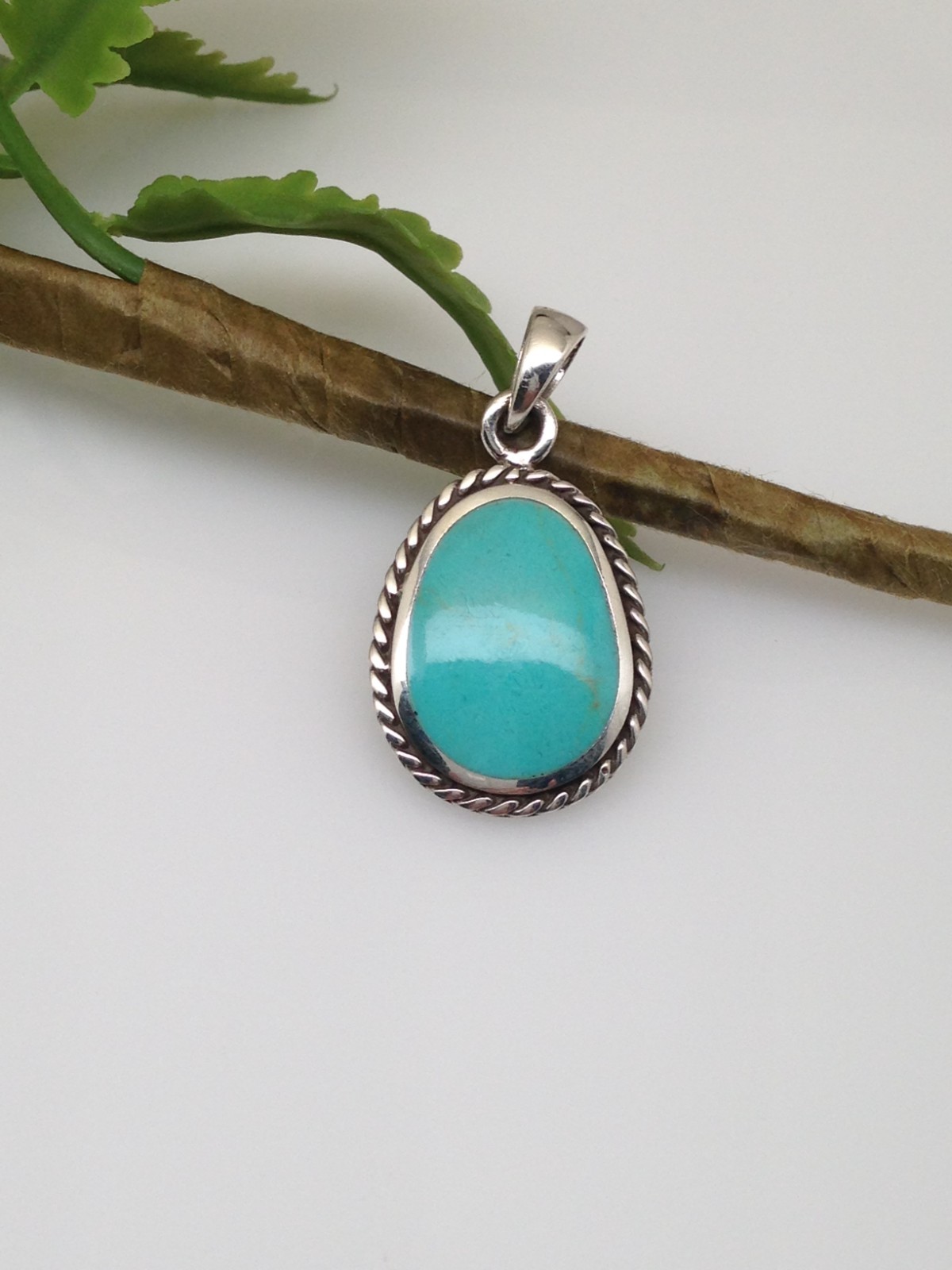 925 Sterling Silver Oblong Turquoise Twisted Rope Pendant Women 20mm(0.79″)/29mm
