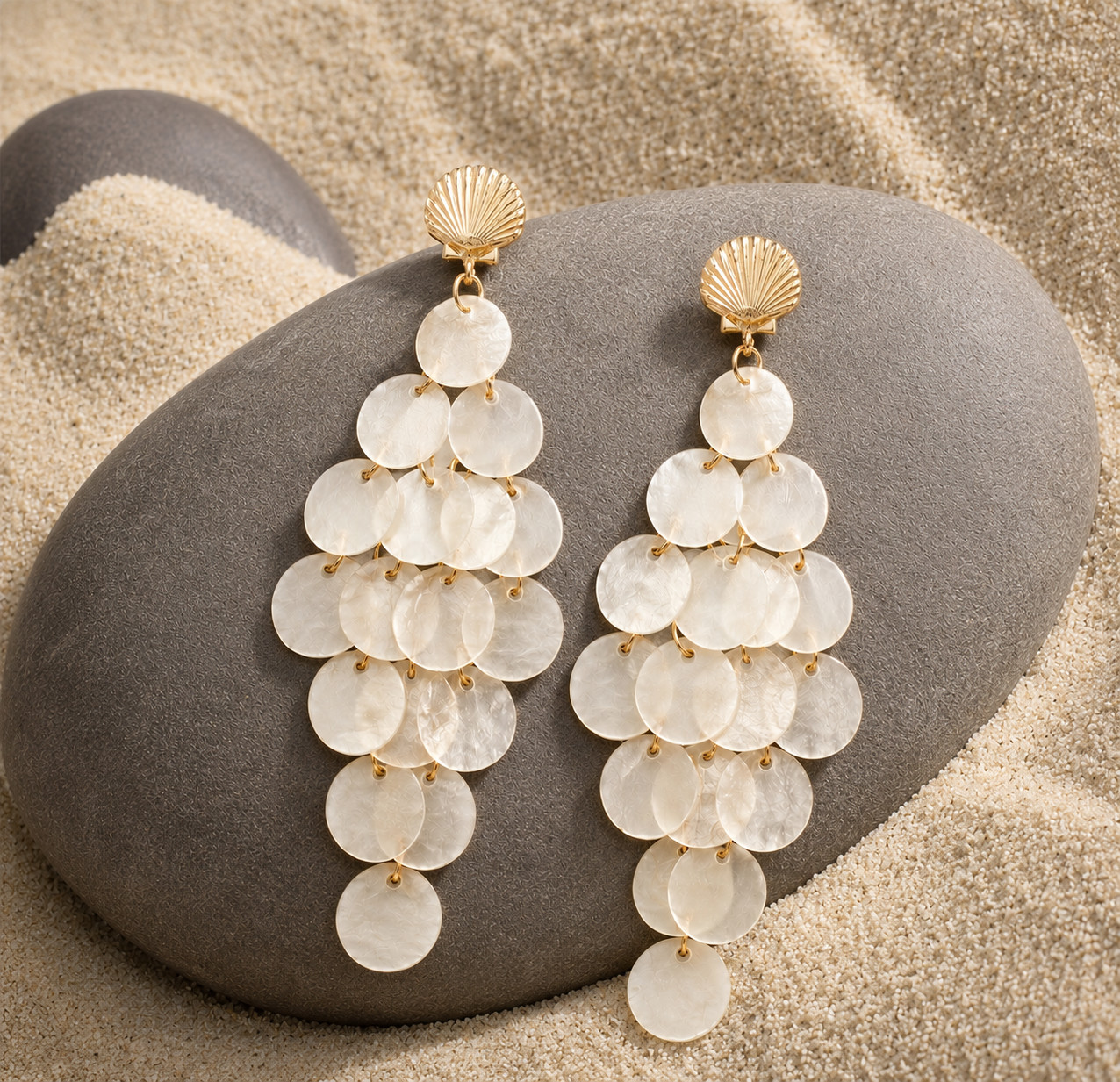 Coastal Mermaidcore Gold Scallop Top with Cream Capiz Shell Tiered Drop Earrings