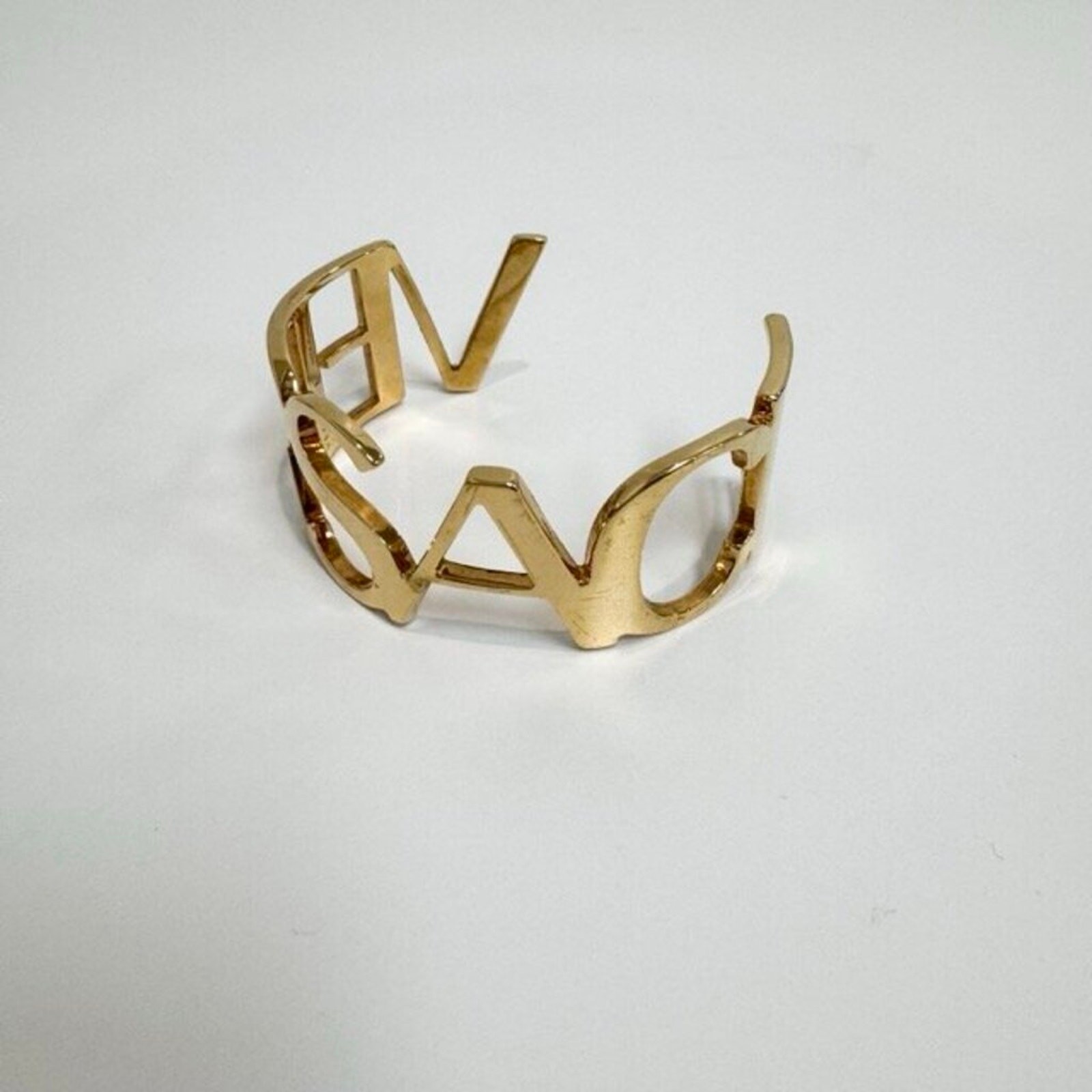 VERSACE Logo Text Cuff Gold-tone Brass Bracelet M Cut Out Large Bangle