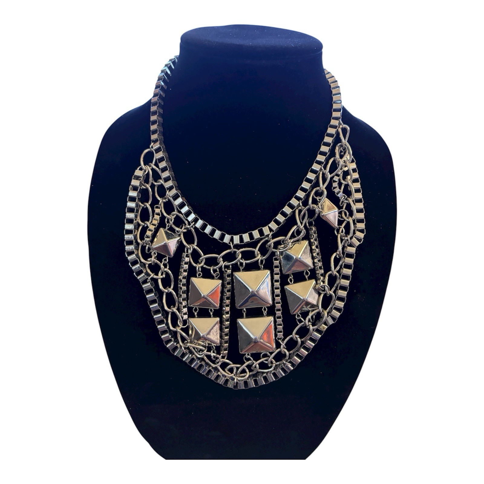 Bib Necklace Silver Tone Multi Chains Punk Gothic Draping Large Geometric Studs