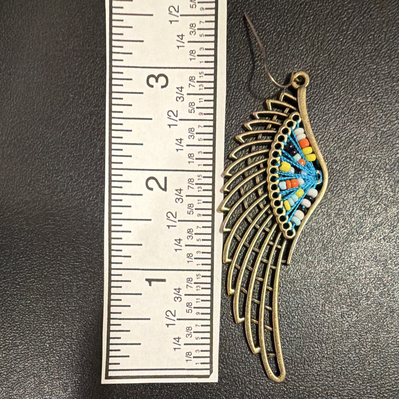 Gold Tone Angel Wing Dangle Drop Hook Earrings w/ Multicolor Beaded Detail