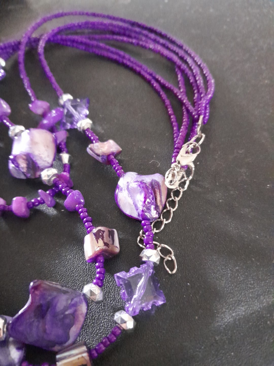 Purple Beaded And Dye Shell Three Strands Necklace