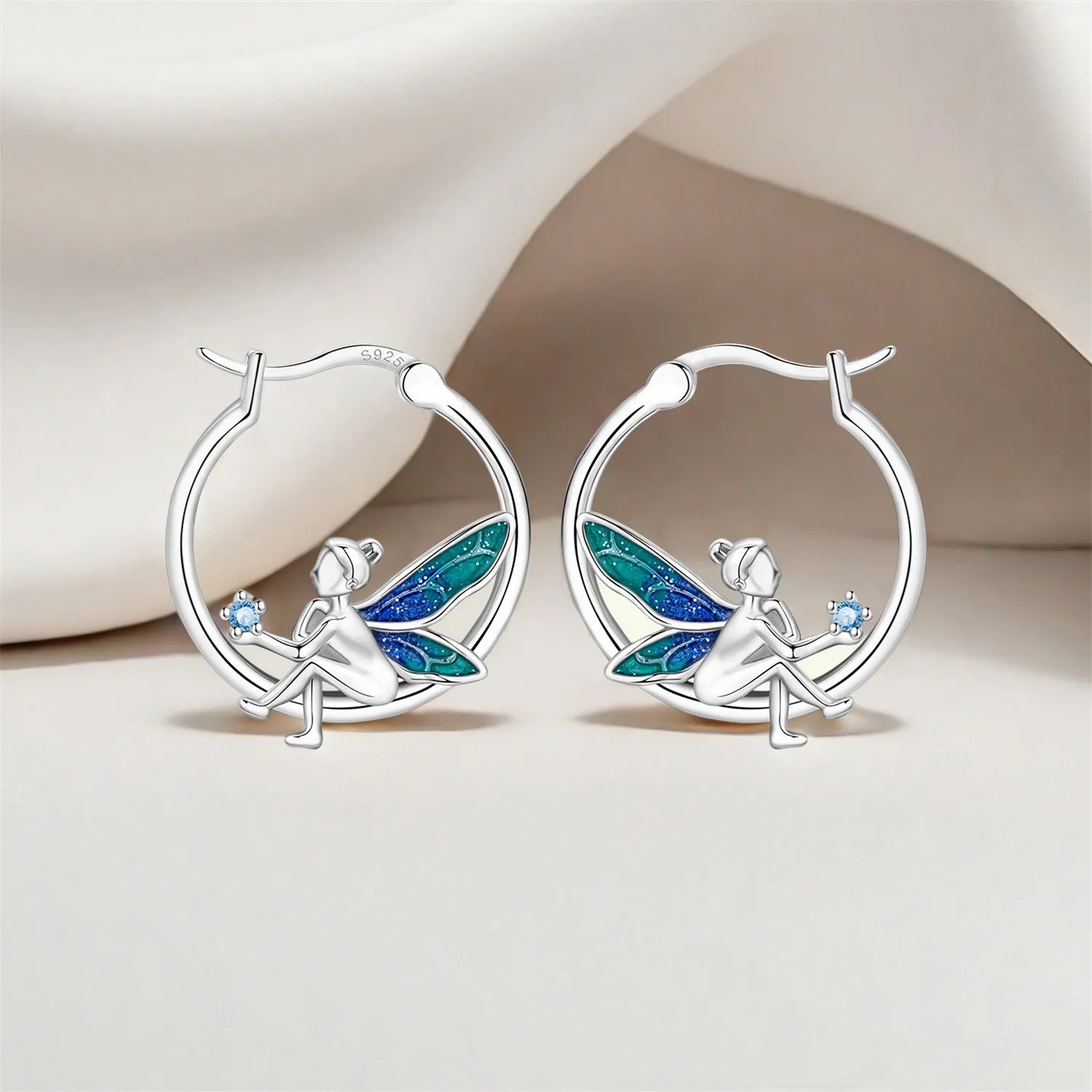 Angel Wings Star 925 Sterling Silver Hoop Earrings 20mm