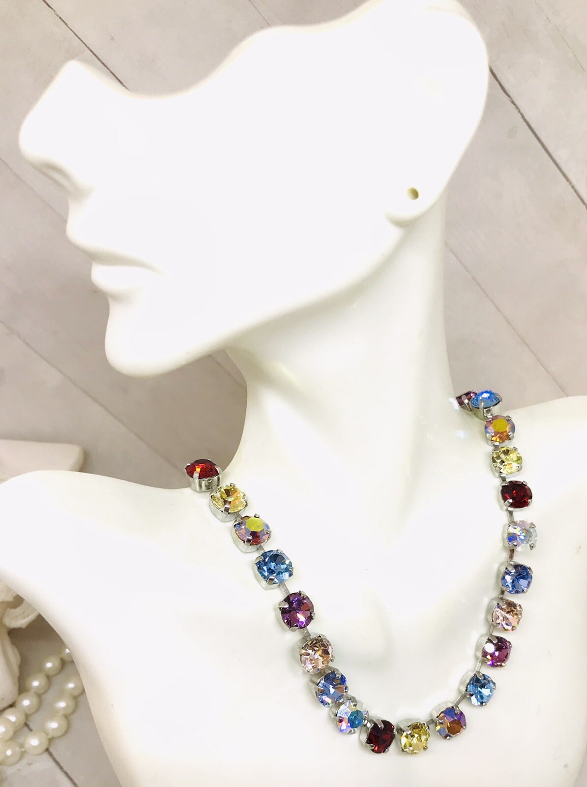 Siam Red Rainbow Cup Chain Necklace, Light Blue Crystal Rainbow Mix Necklace