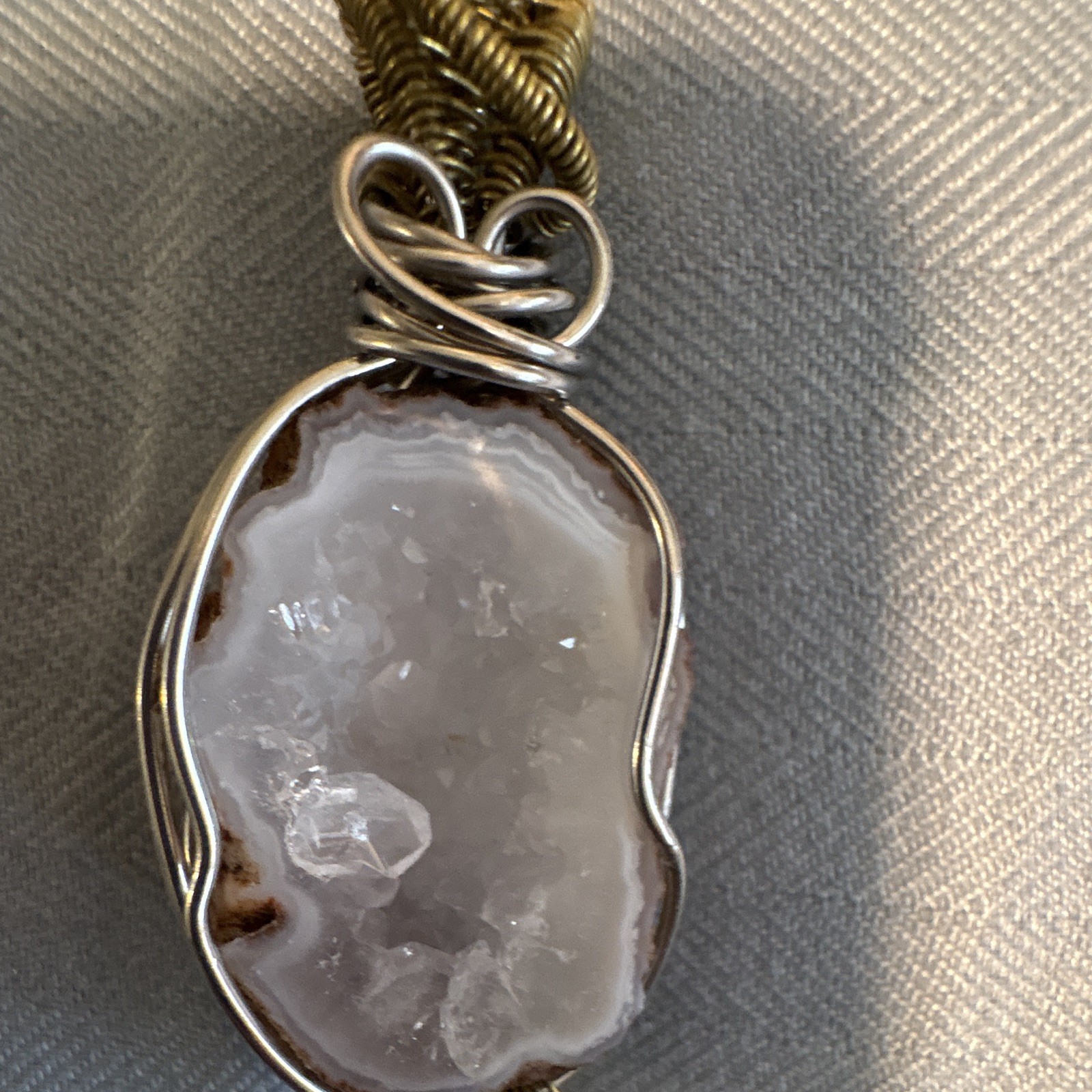 Wire Wrapped Agate & Quartz Oval Charm Pendant Necklace Silver Gold Cord Boho