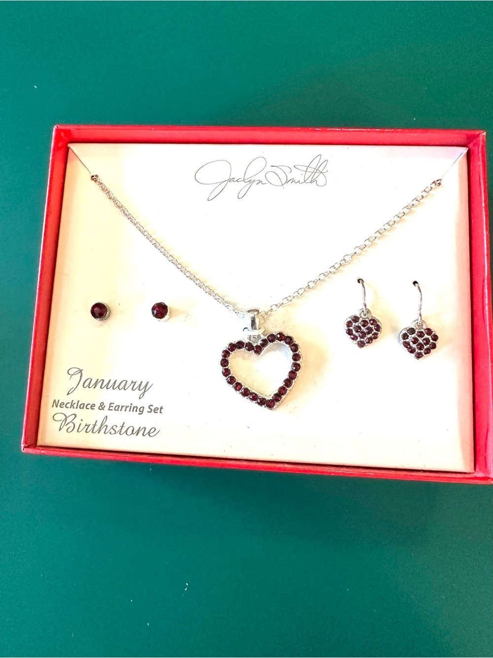 NIB January Garnet Heart Necklace & Earring Set