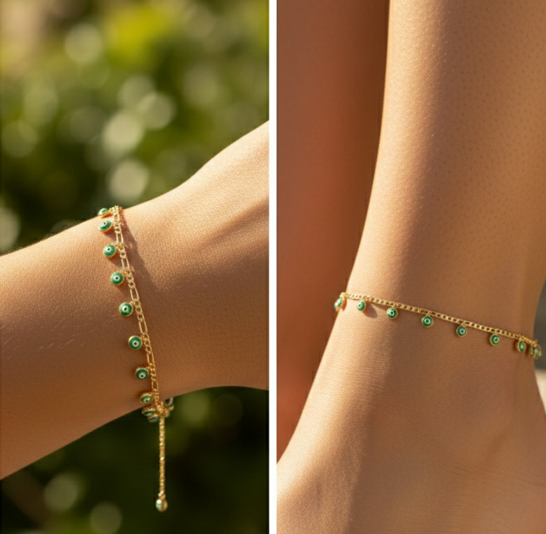 Elegant 18K Gold Plated Anklet Emerald Green Eye Charm Boho Anklet For Women