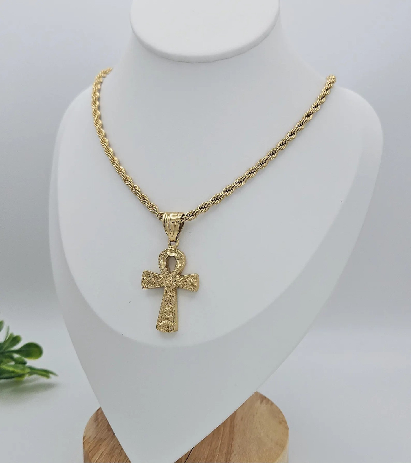 Gold Ankh Necklace for Men, Large Textured Ankh Cross Pendant, 4mm French Rope
