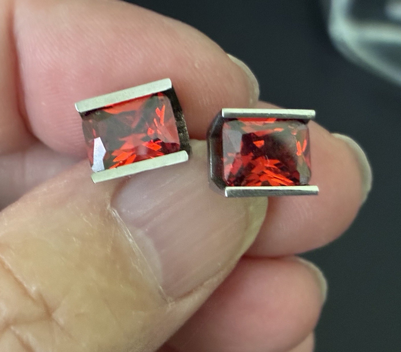 Chisel Stainless Steel Polished Stud Post Earrings w/ Orange Stones ~ Signed