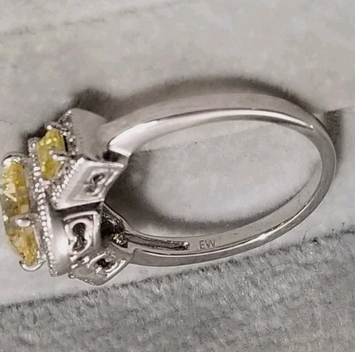 JTV sterling silver Canary Yellow 3 Three stone cz halo Ring