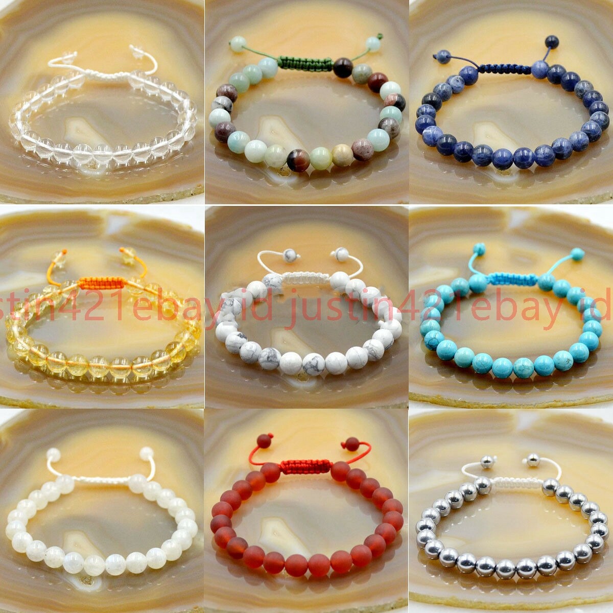 8/10/12mm Natural Multi-Color Rondelle Beads Gemstone Adjustable Bracelet 7.5”