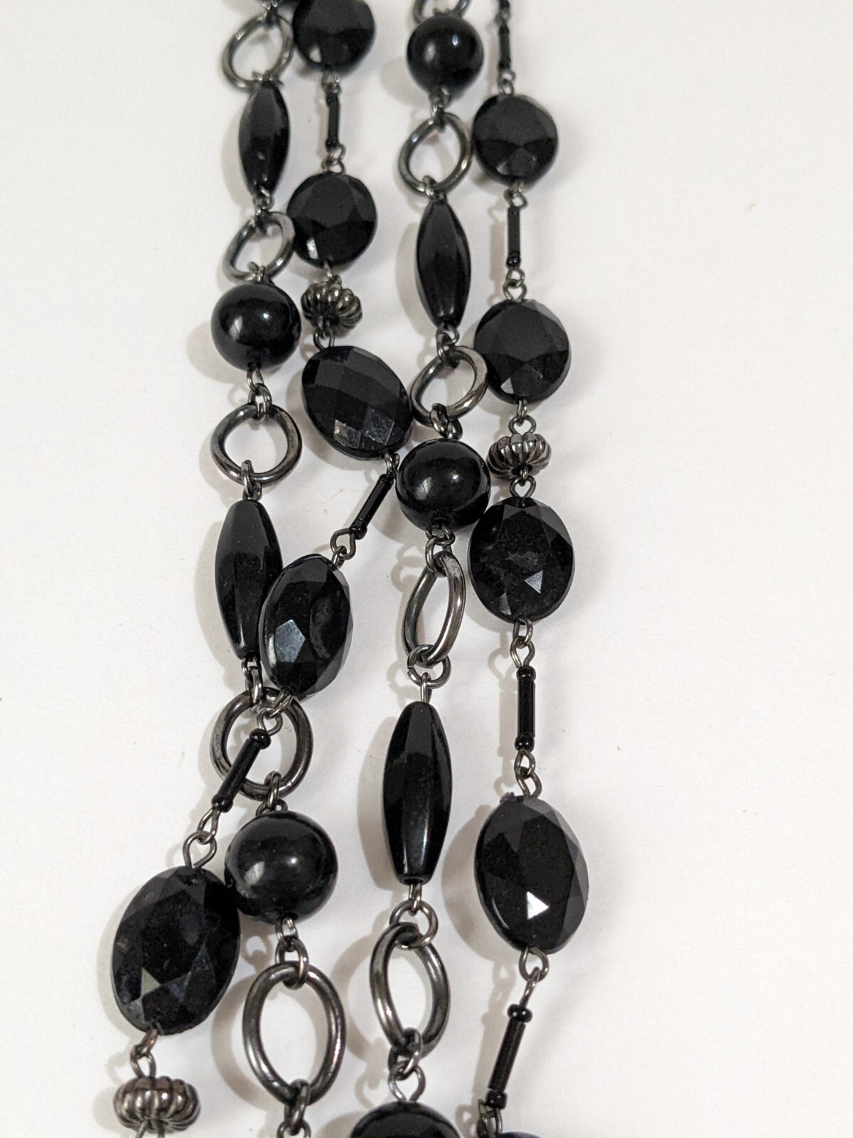 Multi Layer Gun Metal Gray Cable Link Necklace With Acrylic Black Faceted Beads.