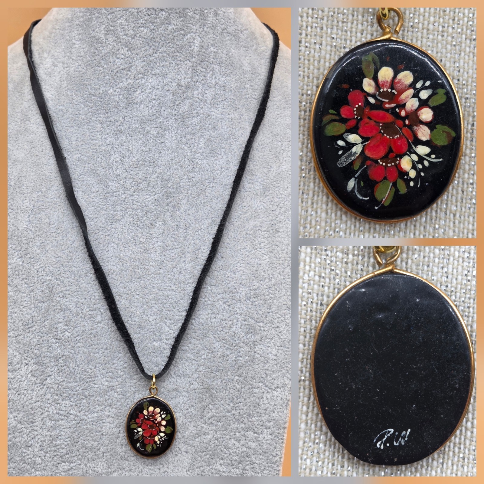 Vintage PW Hand Painted Flower Pendant All Occasion Day & Evening Fun Necklace