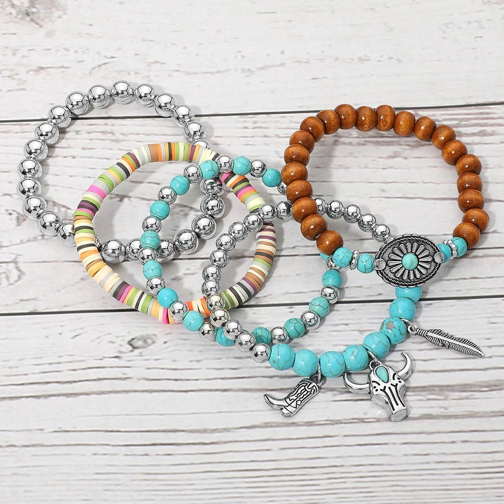 5PCS Boho Western Turquoise Beaded Stretch Bracelet Set Cow Skull Feather Boot