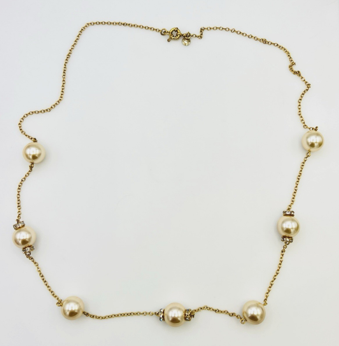 J Crew Gold Tone Faux Champagne Pearl Crystal Rondell Station Necklace 34 in