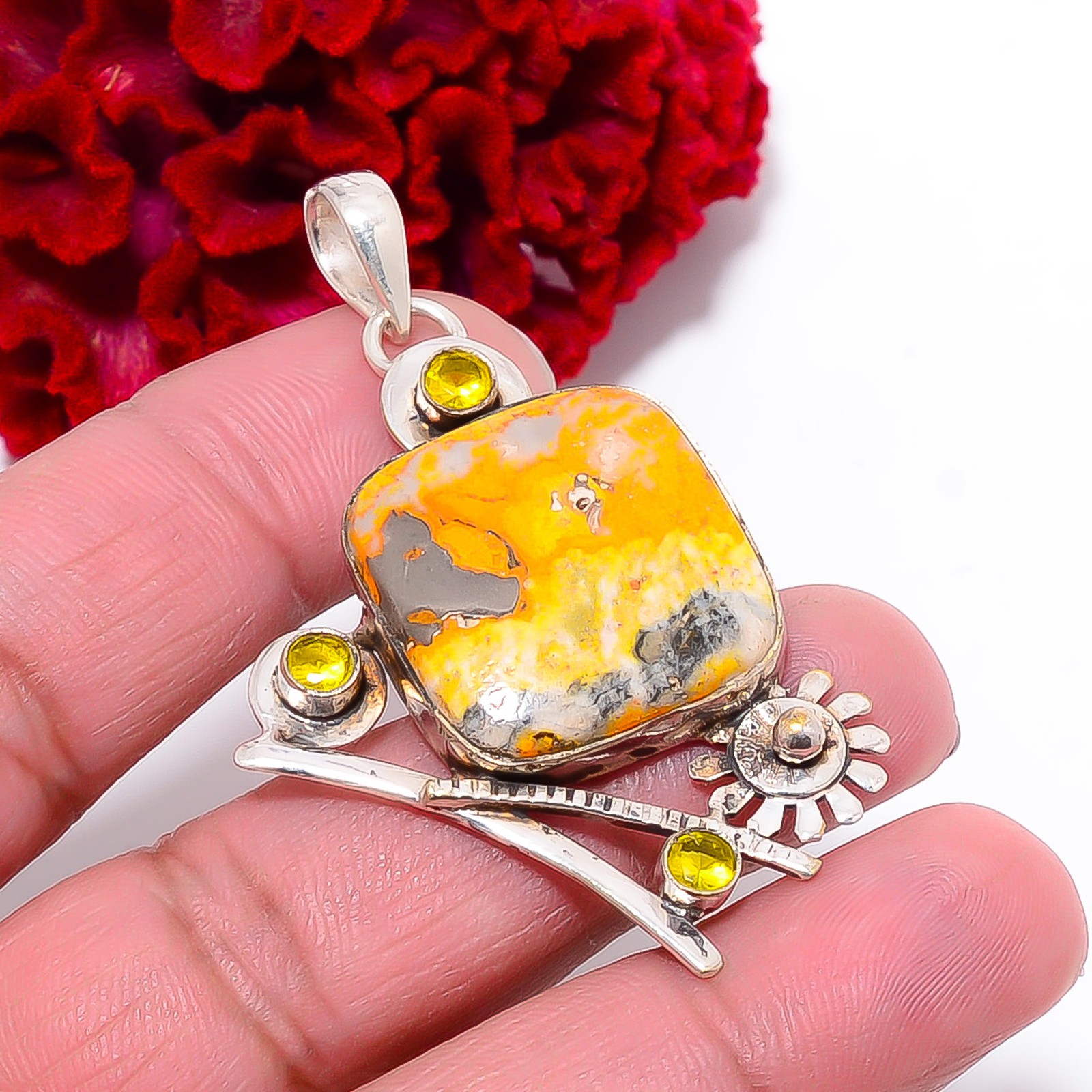 Bumble Bee Jasper – Indonesia & Citrine 925 Silver Pendant 2.26″ P1017997125
