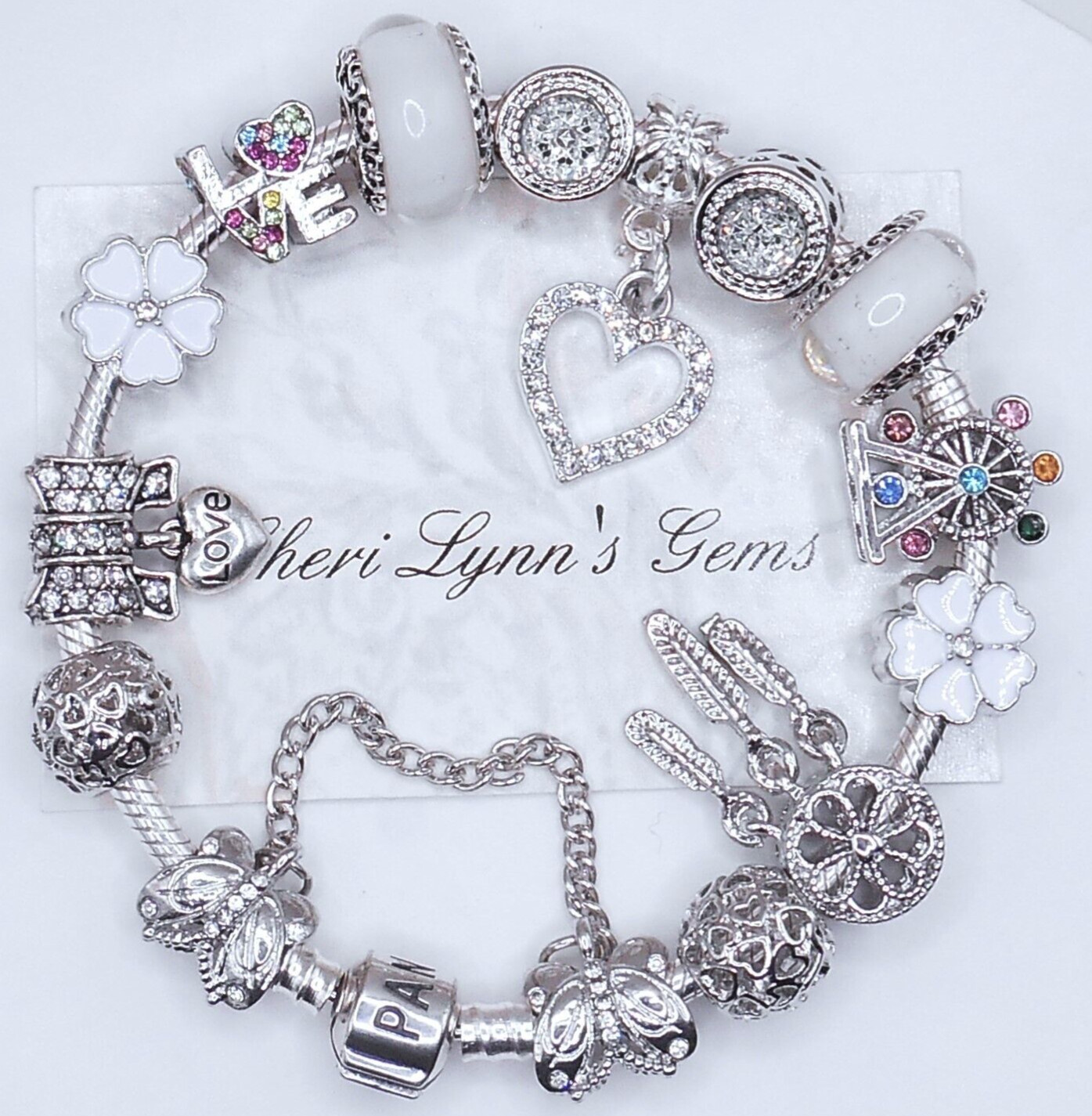 PANDORA STERLING SILVER BRACELET WITH CRYSTAL HEART & LOVE CHARMS & GIFT BOX!
