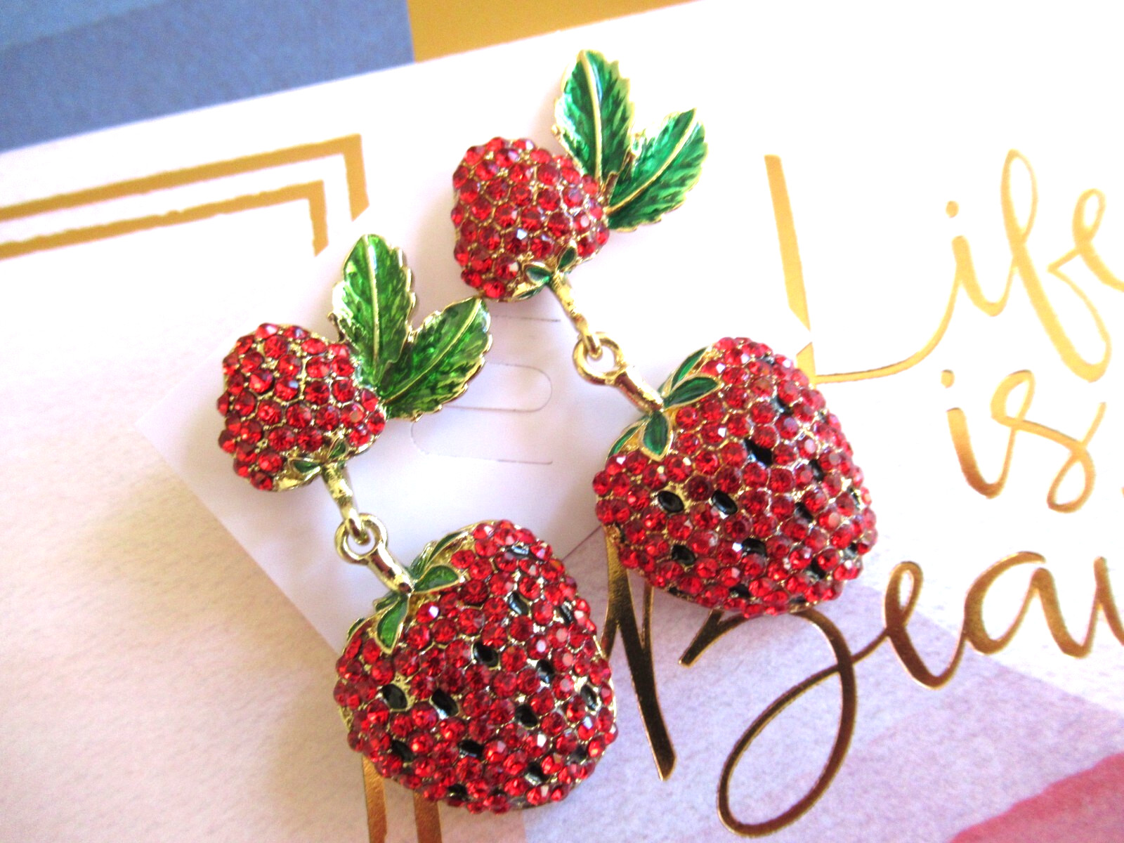 SWEET STRAWBERRY OR CHERRY Rhinestone Strawberries or Cherries Dangle Earrings