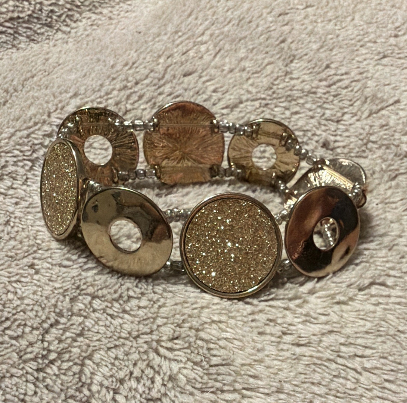 Gold Tone Stretch Adjustable Bracelet Round Textured Disc Links Dangle Charm