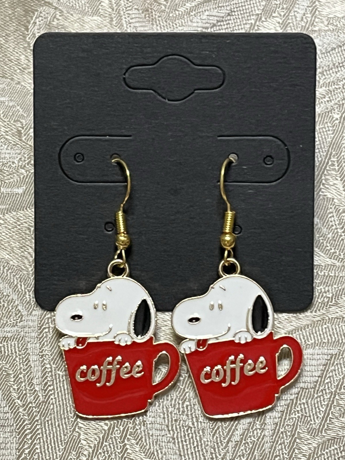 Snoopy Coffee Gold Loop Enamel Drop Dangle Adorable Boho Trendy Earring Set